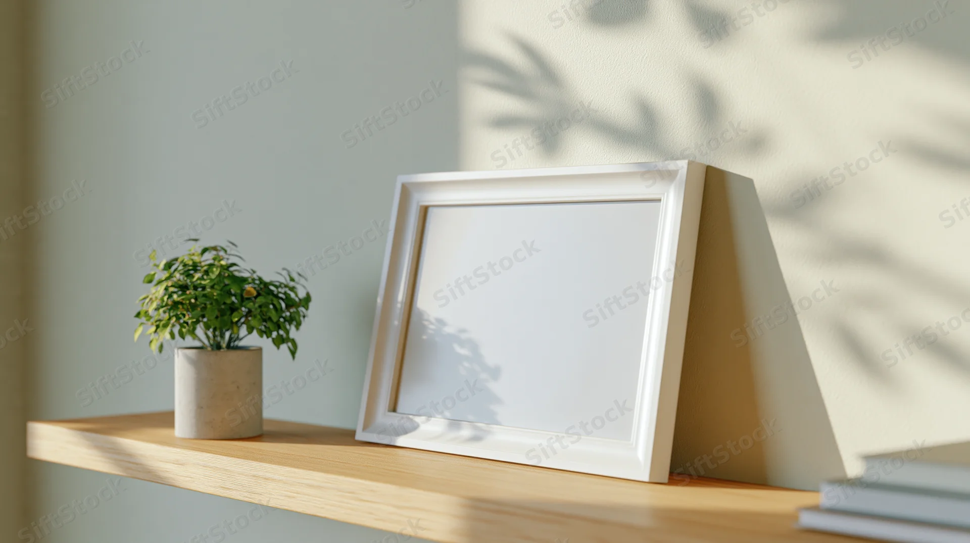 White frame leaning on wooden shelf beside potted plant and books in minimalist home interior