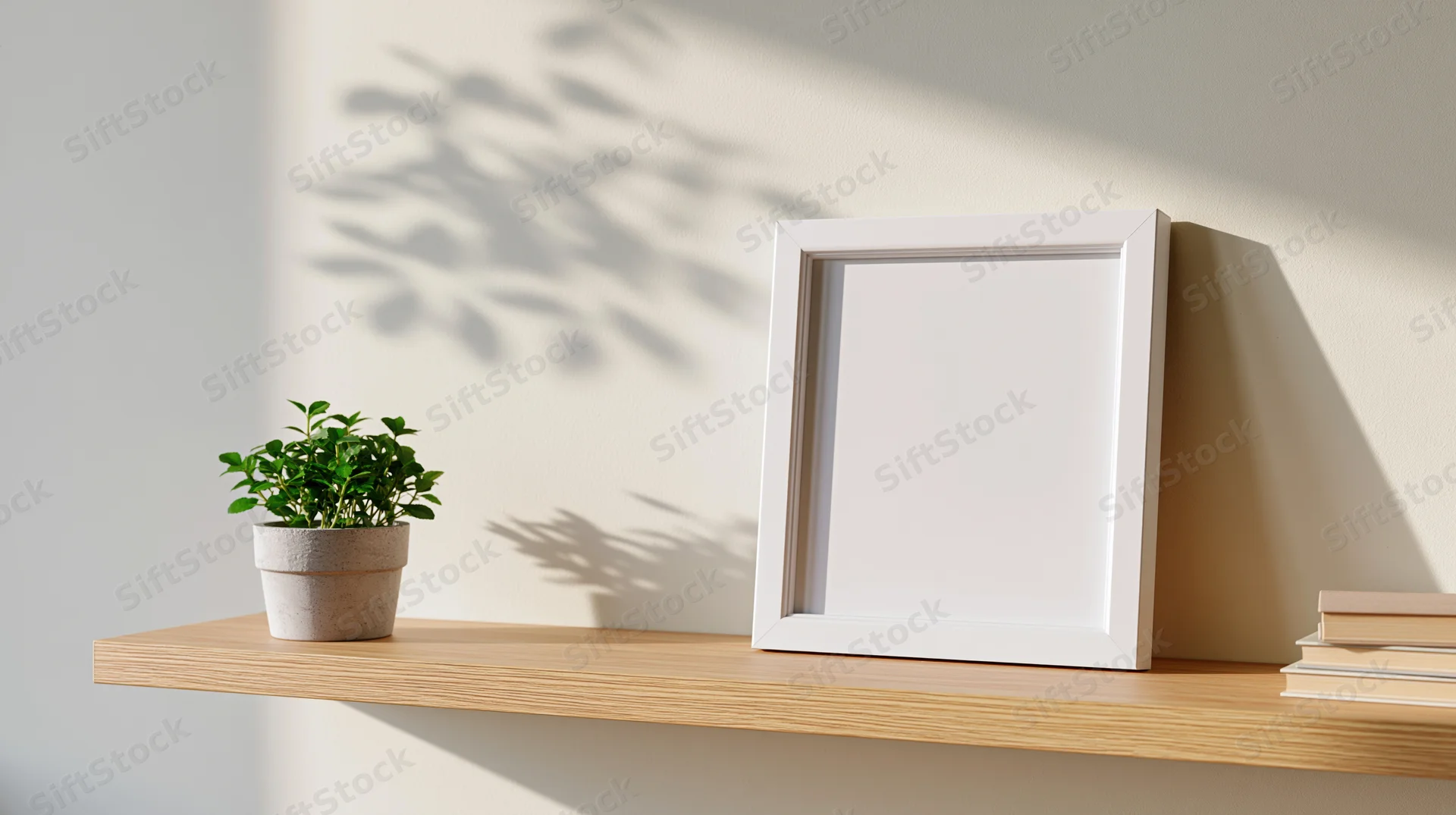 White frame leaning on wooden shelf beside potted plant and books