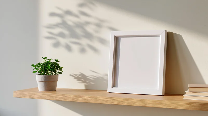 White frame leaning on wooden shelf beside potted plant and books