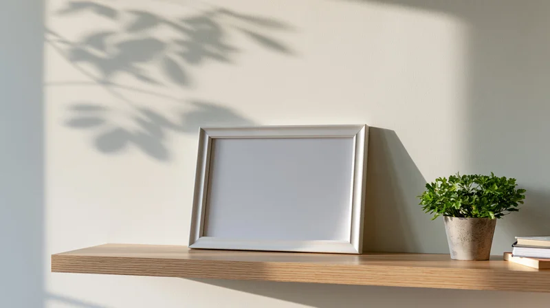 White frame leaning on wooden shelf beside potted plant and books with leaf shadows on wall