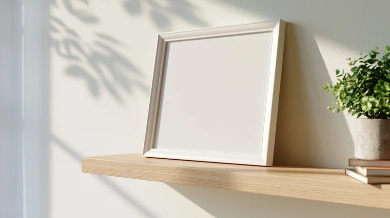 White frame leaning on wooden shelf beside potted plant and books in bright interior