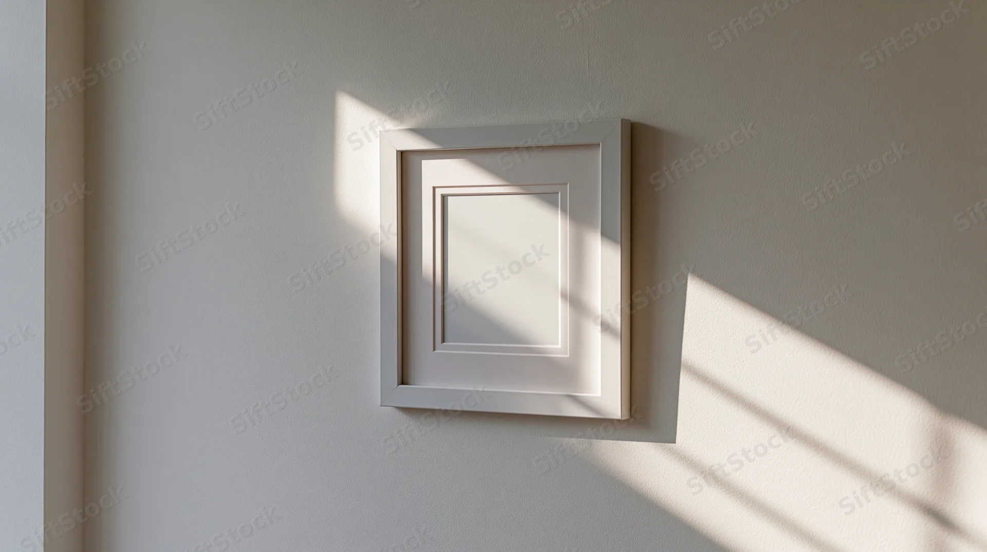 White empty picture frame with mat border hanging on pale wall in sunlight