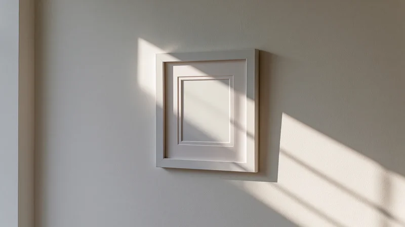White empty picture frame with mat border hanging on pale wall in sunlight