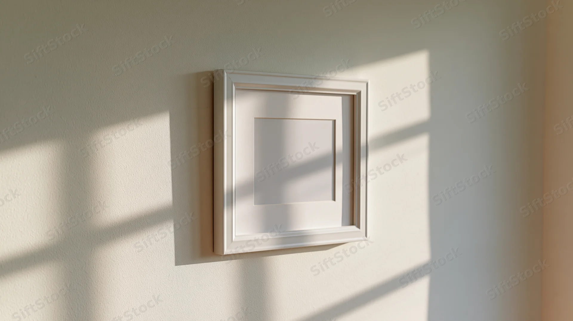 White empty picture frame with mat border hanging on pale wall in sunlight