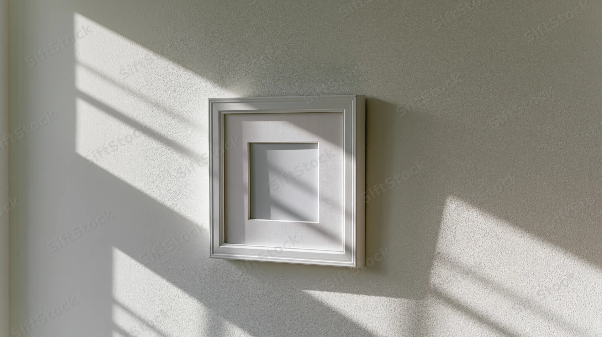White empty picture frame with mat border hanging on pale wall in sunlight