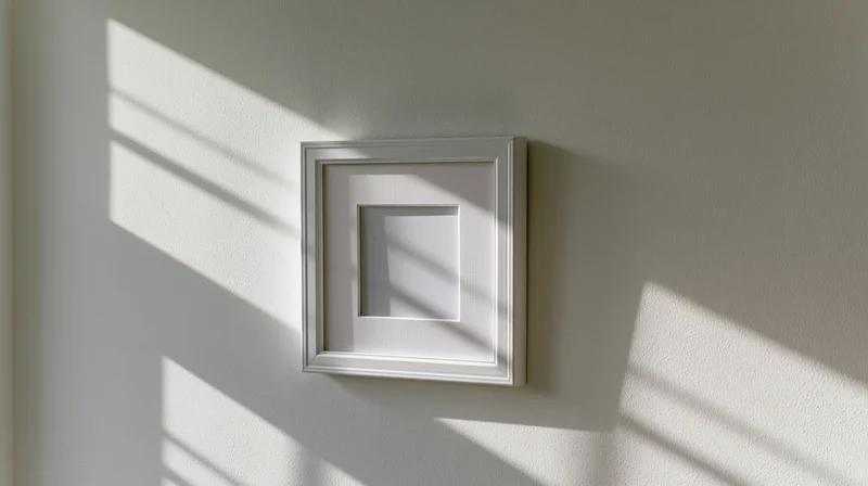 White empty picture frame with mat border hanging on pale wall in sunlight