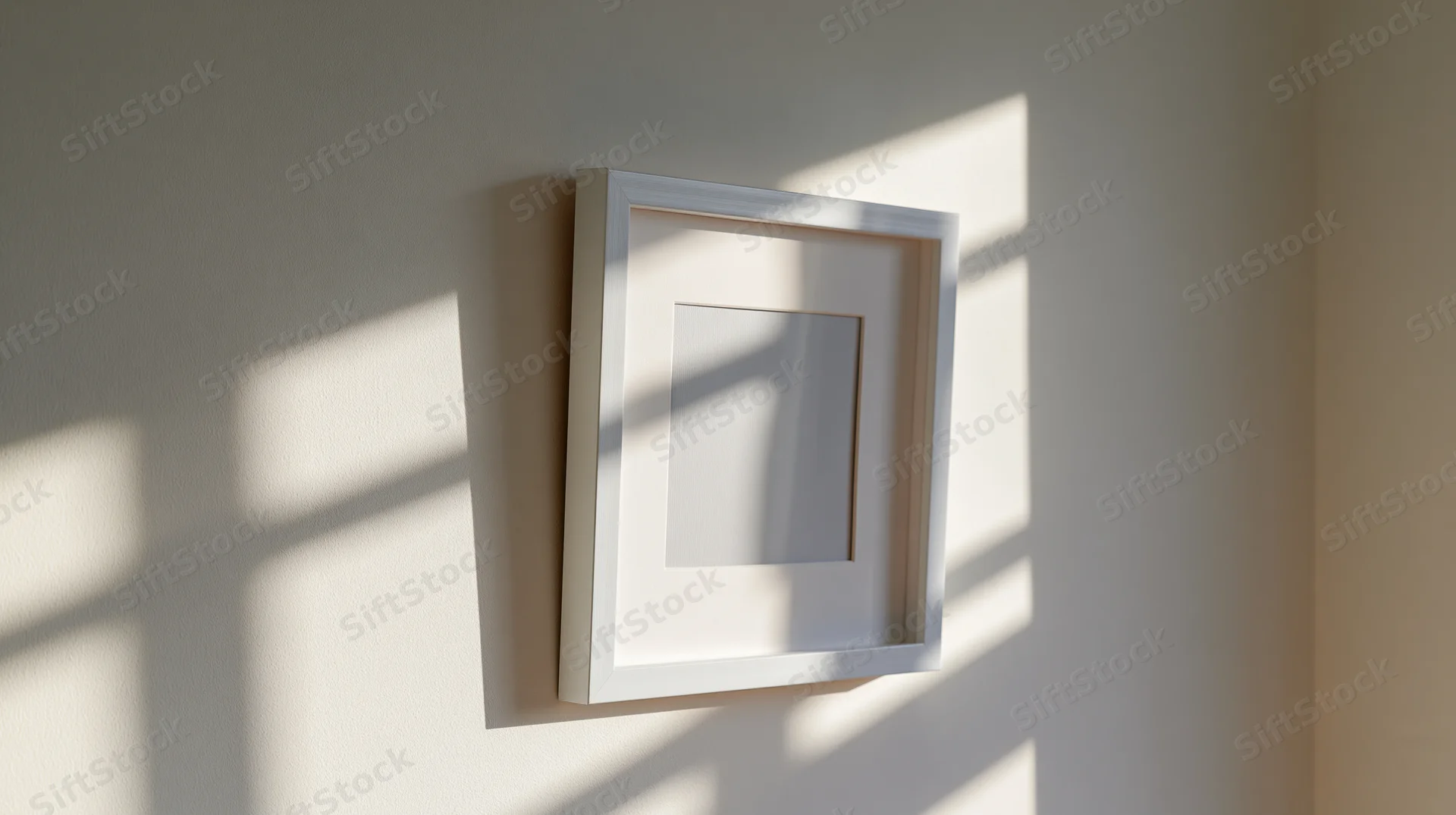White empty picture frame with mat border hanging on pale wall in sunlight