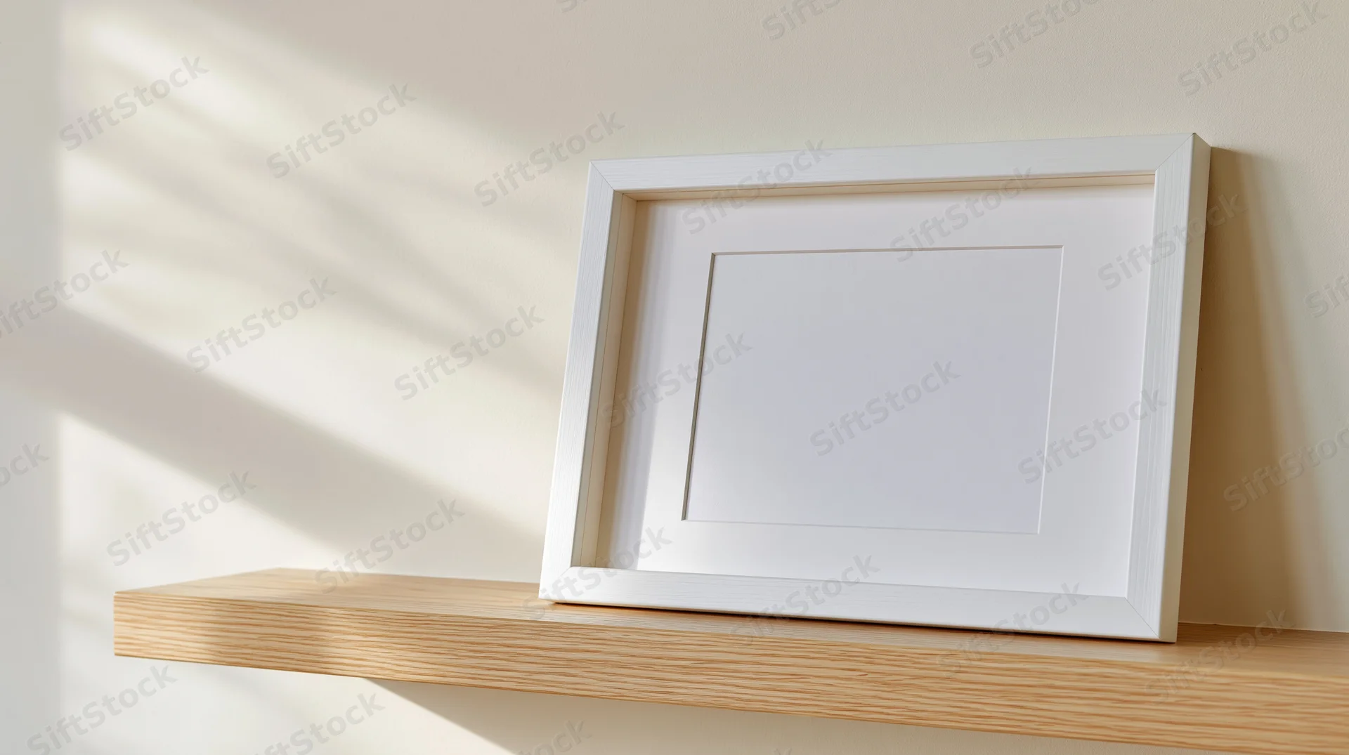 White empty picture frame with mat board leaning on wooden shelf against light wall