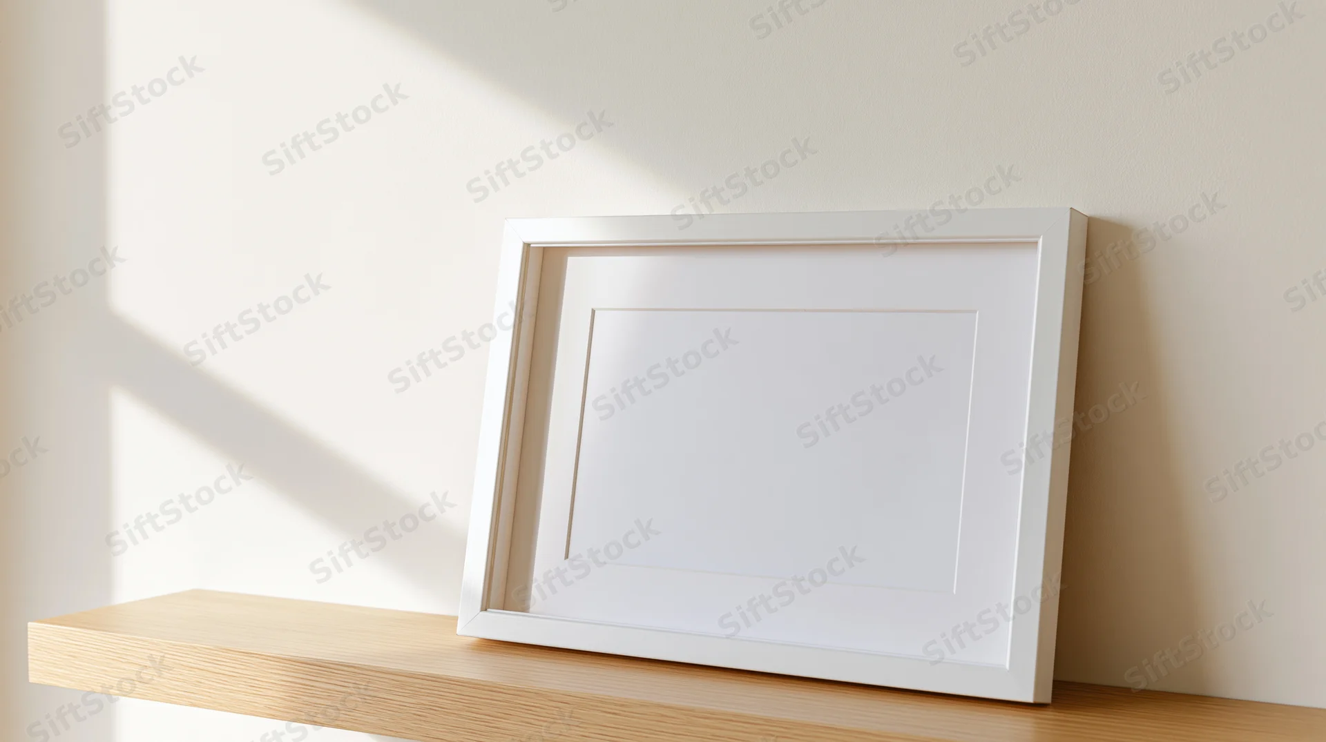 White picture frame with mat board leaning on wooden shelf against wall