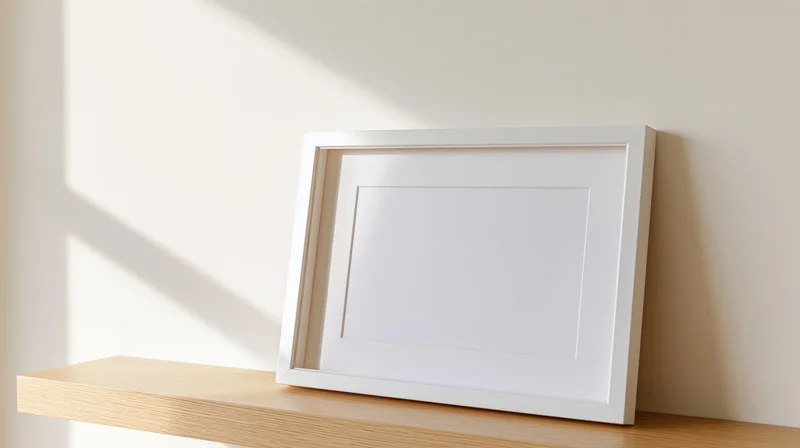 White picture frame with mat board leaning on wooden shelf against wall
