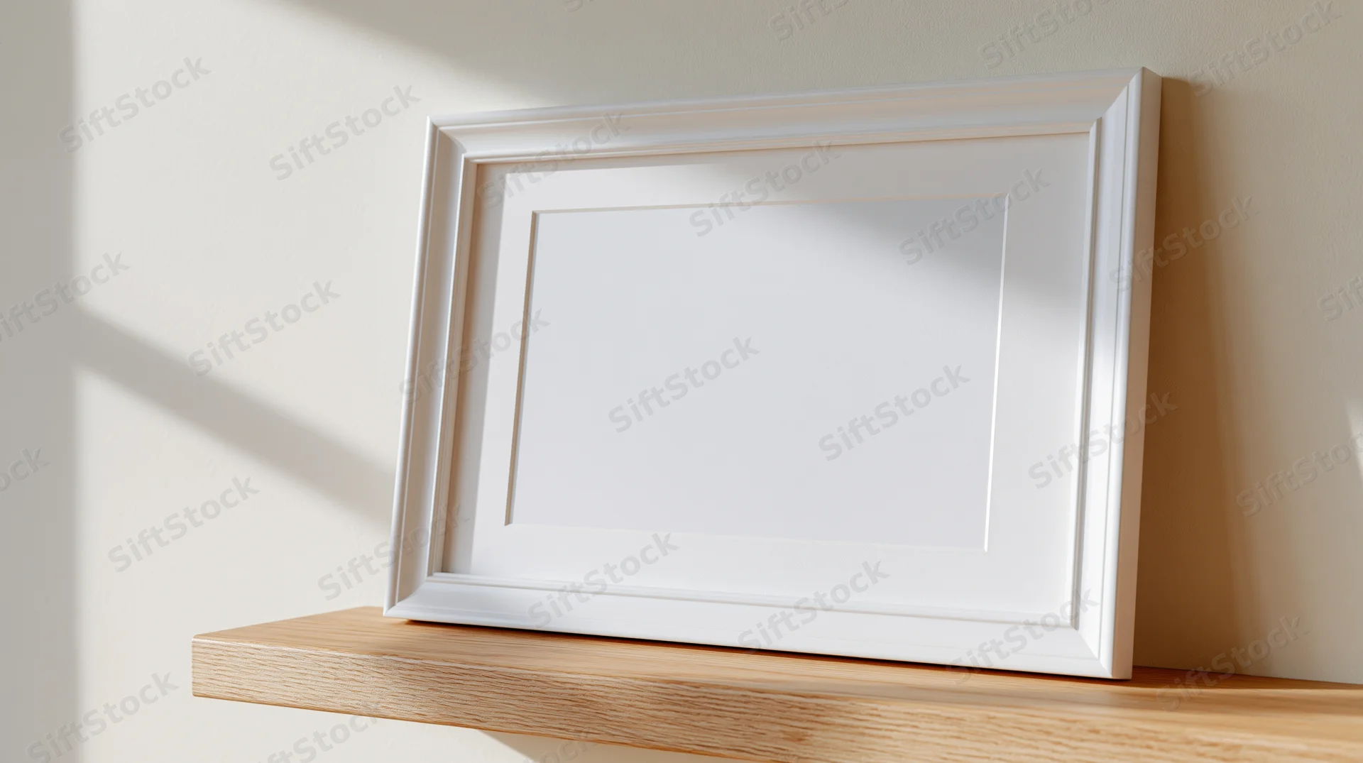 White empty picture frame with mat board leaning on wooden shelf against beige wall