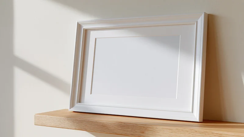 White empty picture frame with mat board leaning on wooden shelf against beige wall