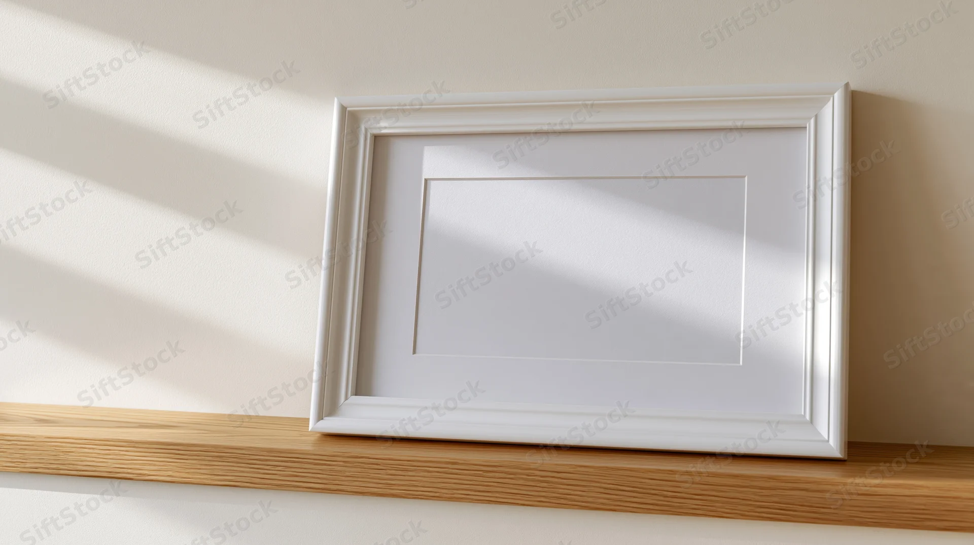 White empty picture frame with mat board leaning on wooden shelf against beige wall