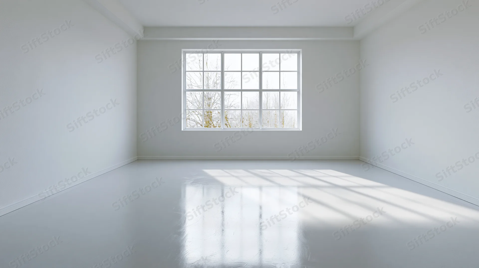 Empty white room with large multi-pane grid window centered on back wall, sunlight casting reflections on glossy floor