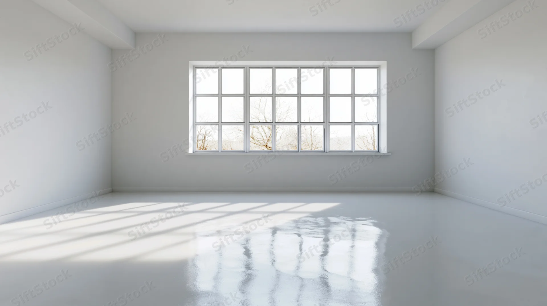 Empty white room with large multi-pane grid window centered on back wall, sunlight casting reflections on glossy floor