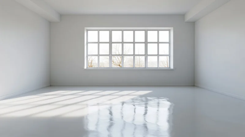 Empty white room with large multi-pane grid window centered on back wall, sunlight casting reflections on glossy floor