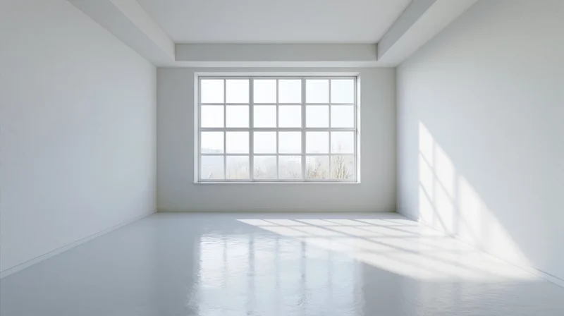Empty white room with large multi-pane grid window centered on far wall, sunlight casting shadows on glossy floor