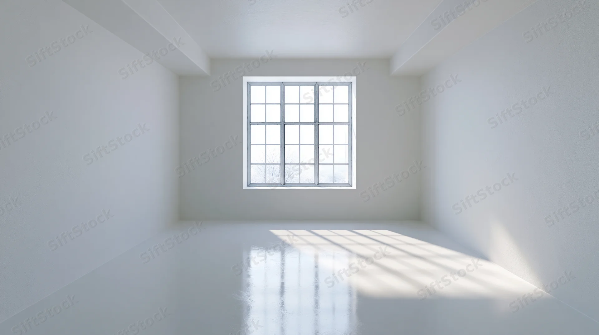 Empty white room with a large multi-pane grid window centered on the far wall, sunlight casting shadows on the floor
