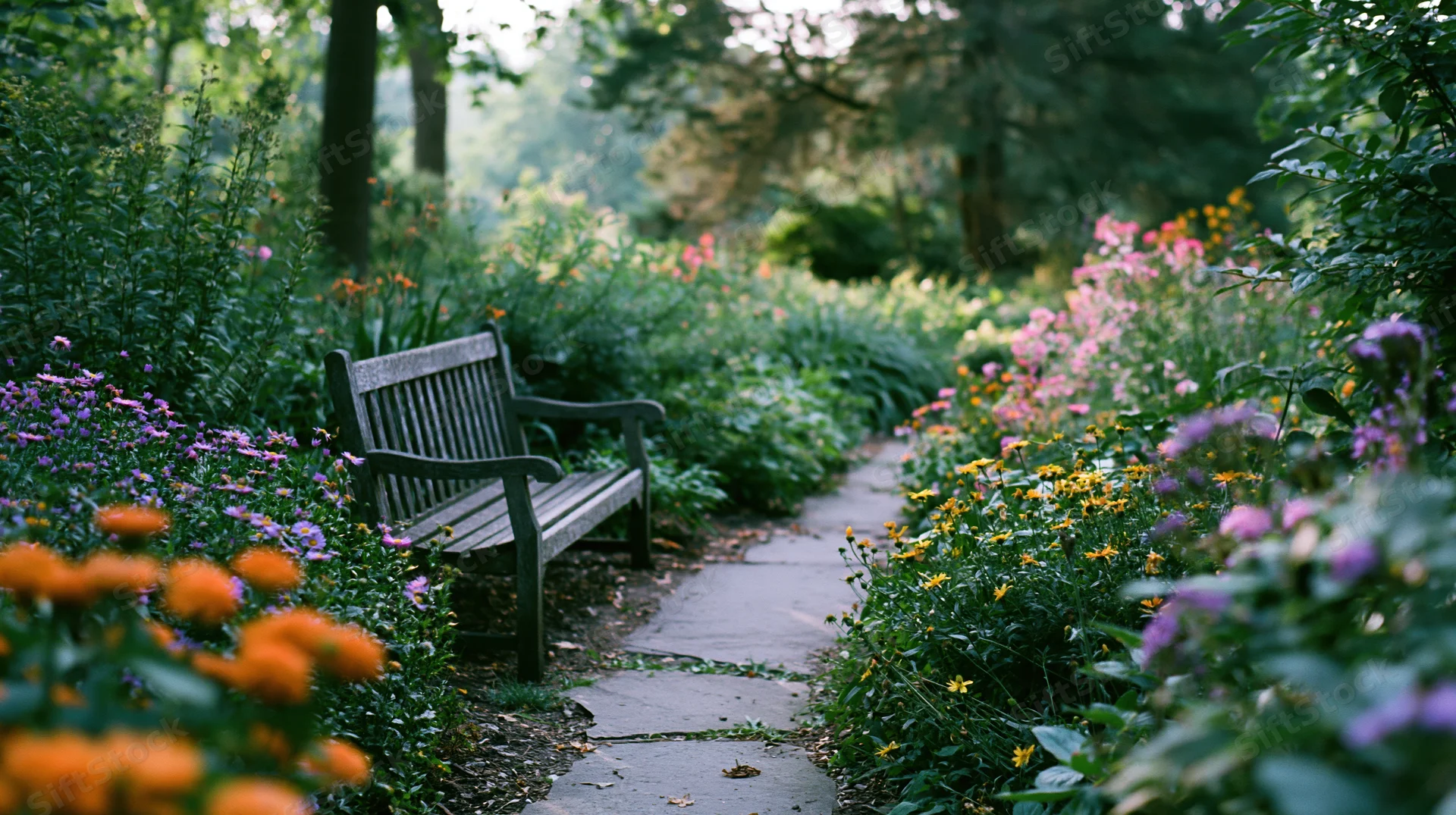 Wooden bench along a stone path surrounded by blooming flowers in a garden