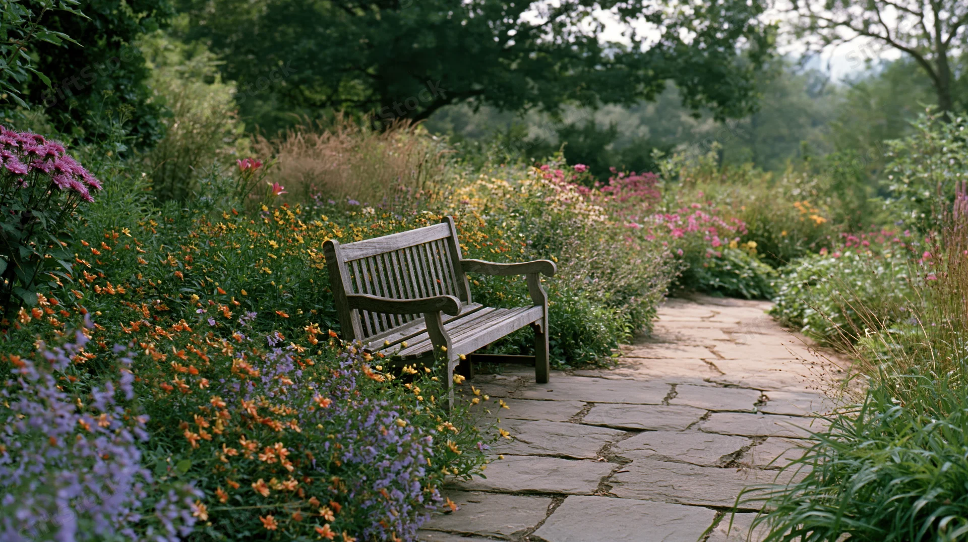Wooden bench along a stone pathway surrounded by blooming flowers and greenery in a garden