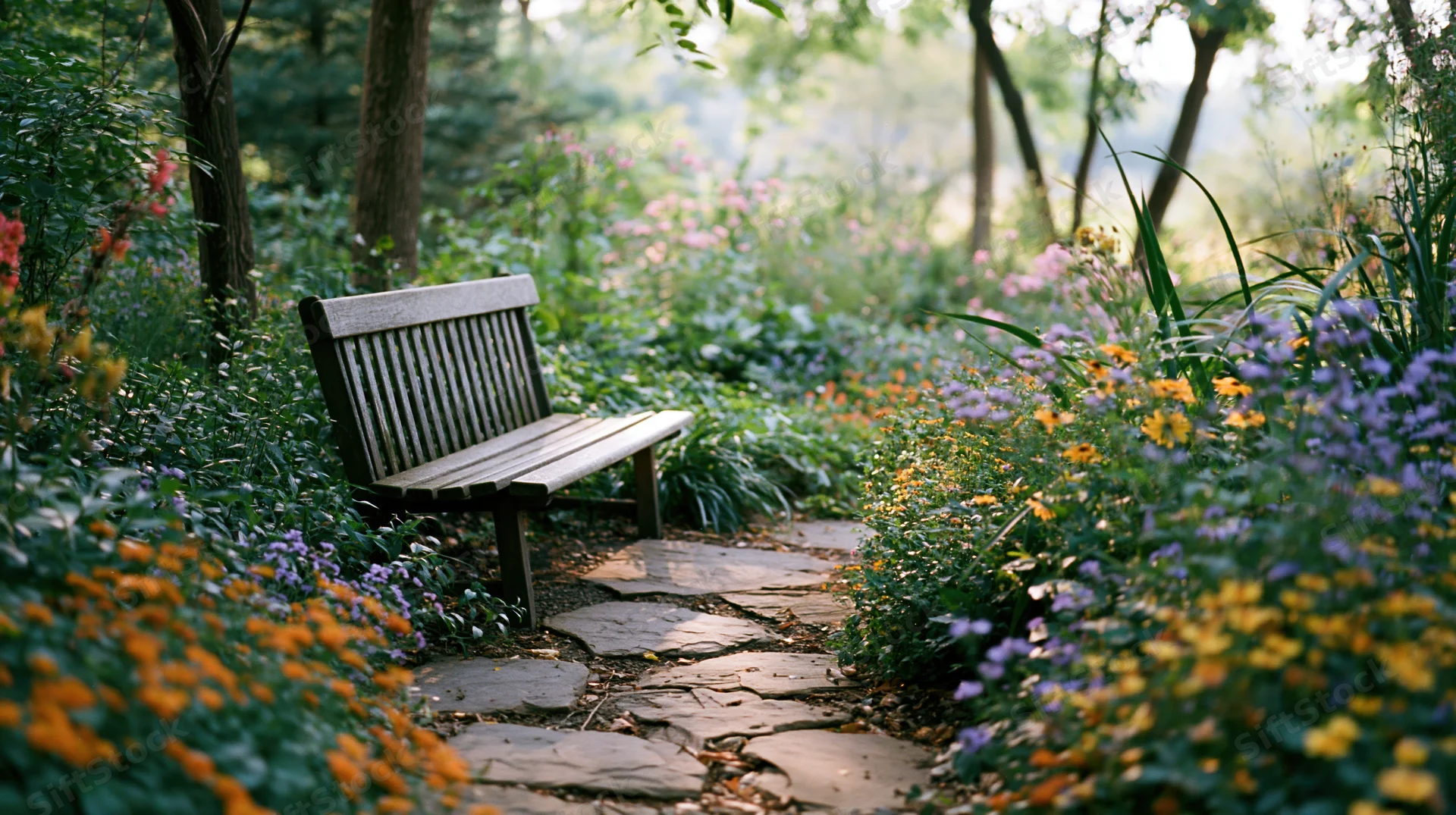 Wooden bench along a stone path surrounded by colorful flowers in a garden