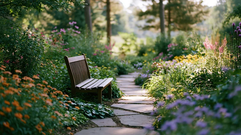 Wooden bench along a stone pathway winding through a flower-filled garden