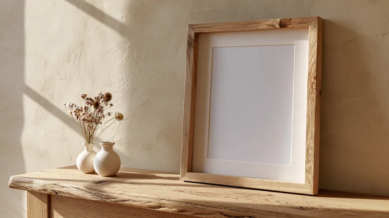 Empty wooden picture frame with white mat leaning on a wooden console table beside ceramic vases with dried flowers in a sunlit interior