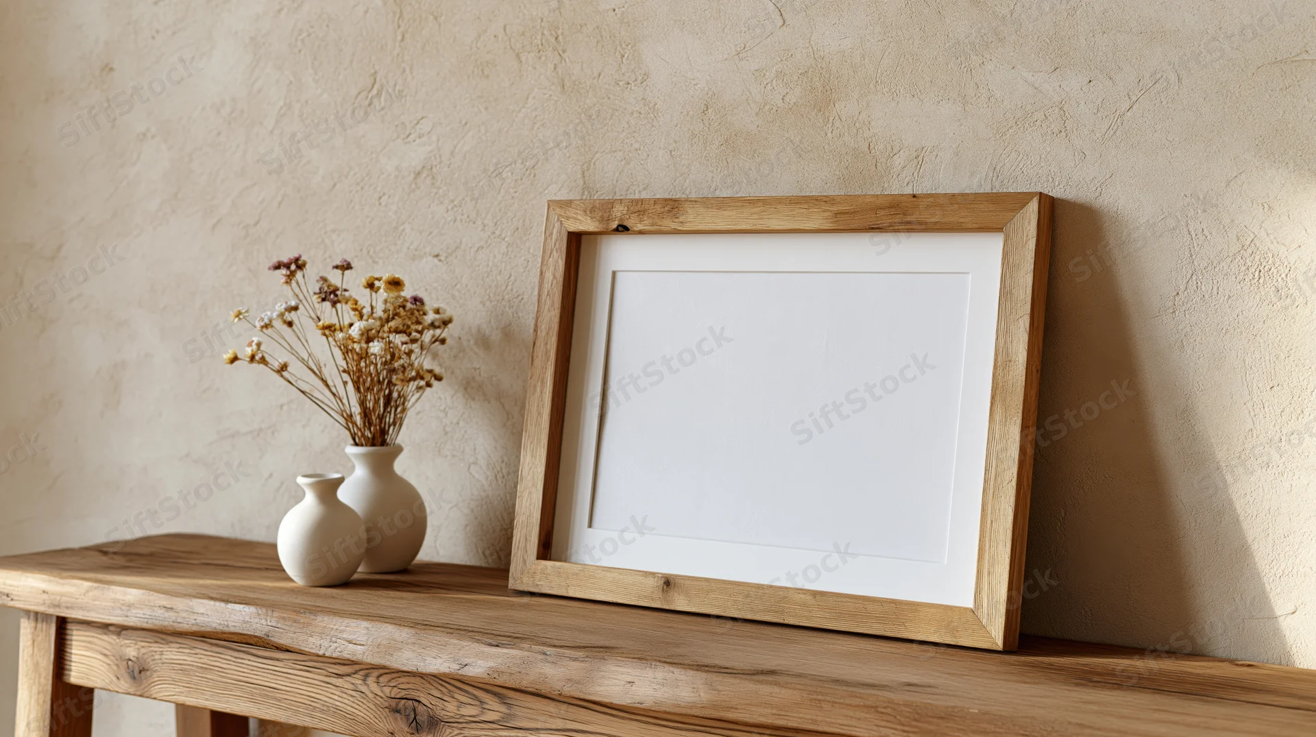 Empty wooden picture frame with white mat leaning against textured wall on rustic console table beside ceramic vases with dried flowers
