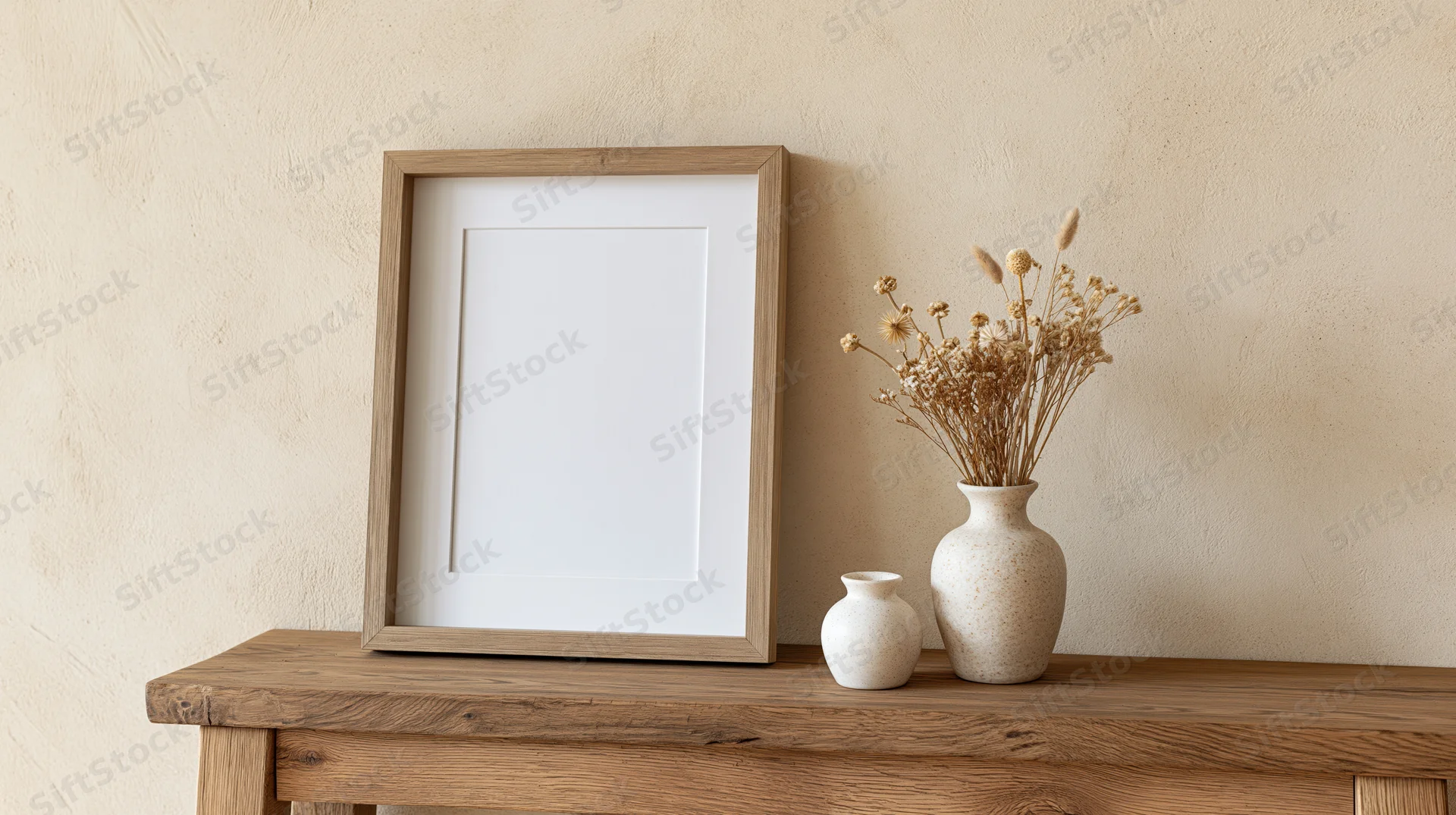 Empty wooden picture frame with white mat leaning on a console table beside ceramic vases holding dried flowers