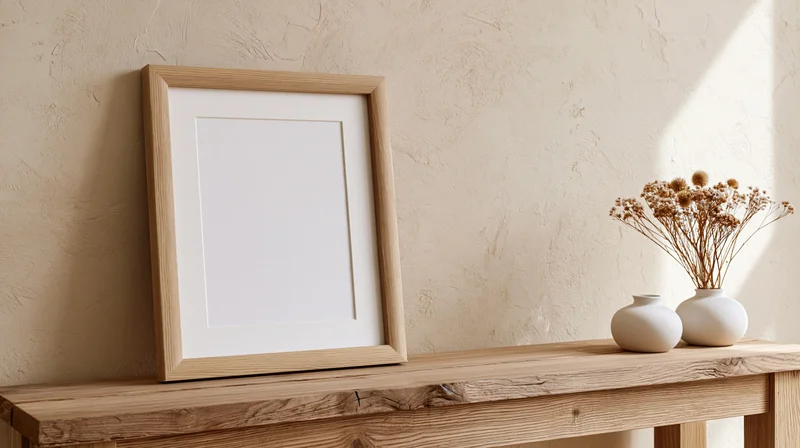 Empty wooden picture frame with white mat leaning on a wooden console table beside two ceramic vases with dried flowers
