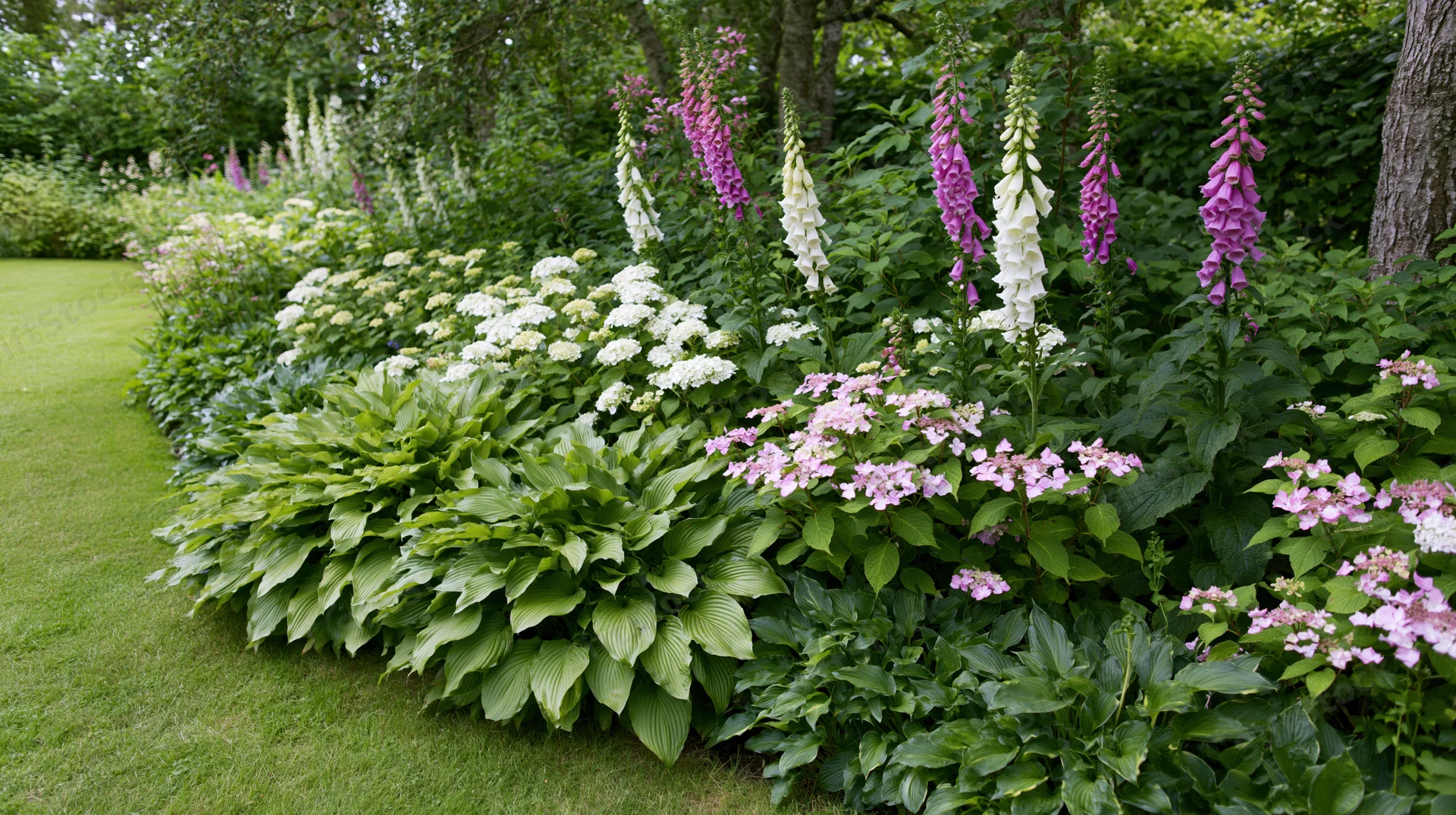 Lush garden border in full summer bloom with foxglove, hydrangea and hosta plants alongside a green lawn