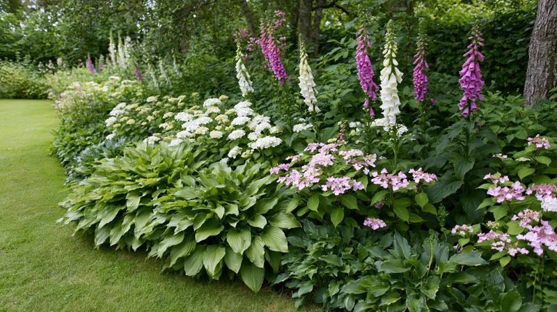 Lush garden border in full summer bloom with foxglove, hydrangea and hosta plants alongside a green lawn