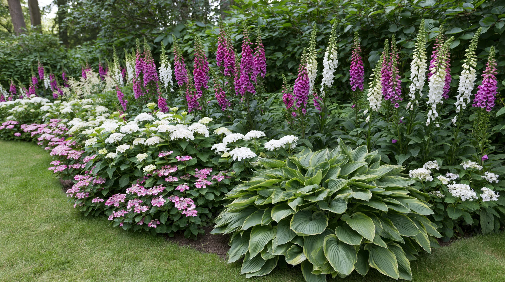 A garden border in full summer bloom with foxglove, hydrangea and hosta plants along a lawn