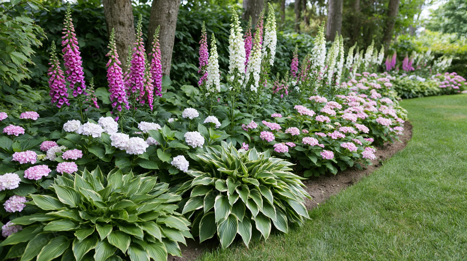 A garden border in full summer bloom with foxglove, hydrangea and hosta along a lawn edge