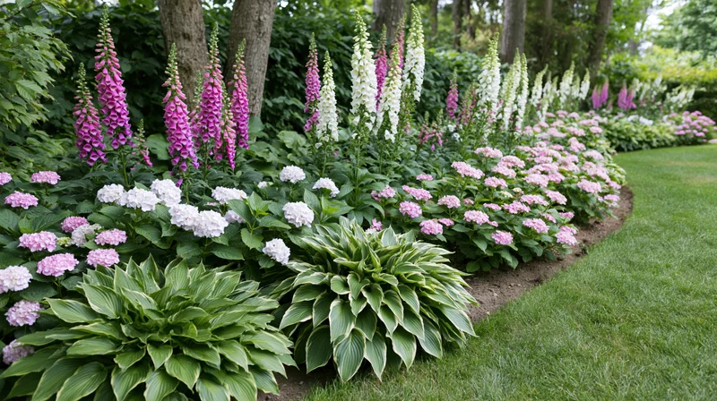 A garden border in full summer bloom with foxglove, hydrangea and hosta along a lawn edge