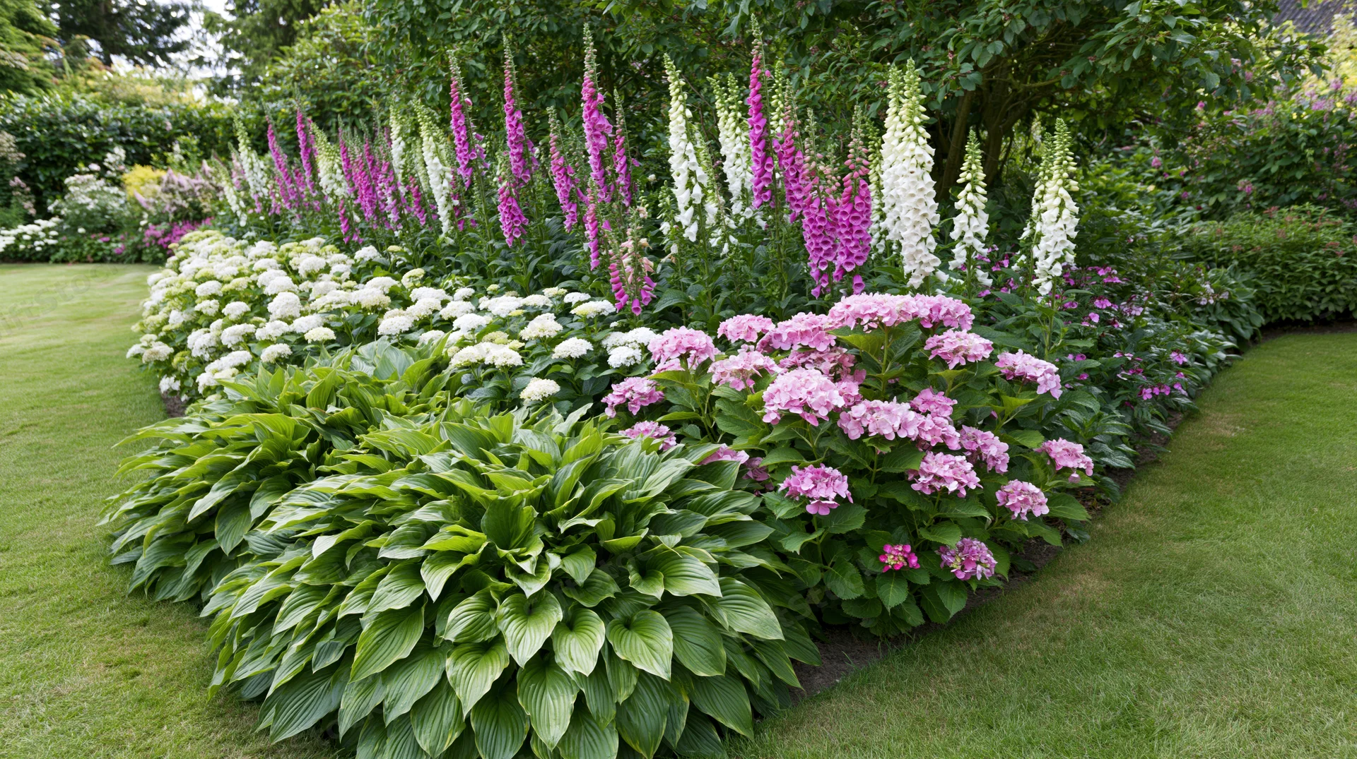 English cottage garden border in full summer bloom with foxgloves, hydrangeas and hostas along a grassy lawn