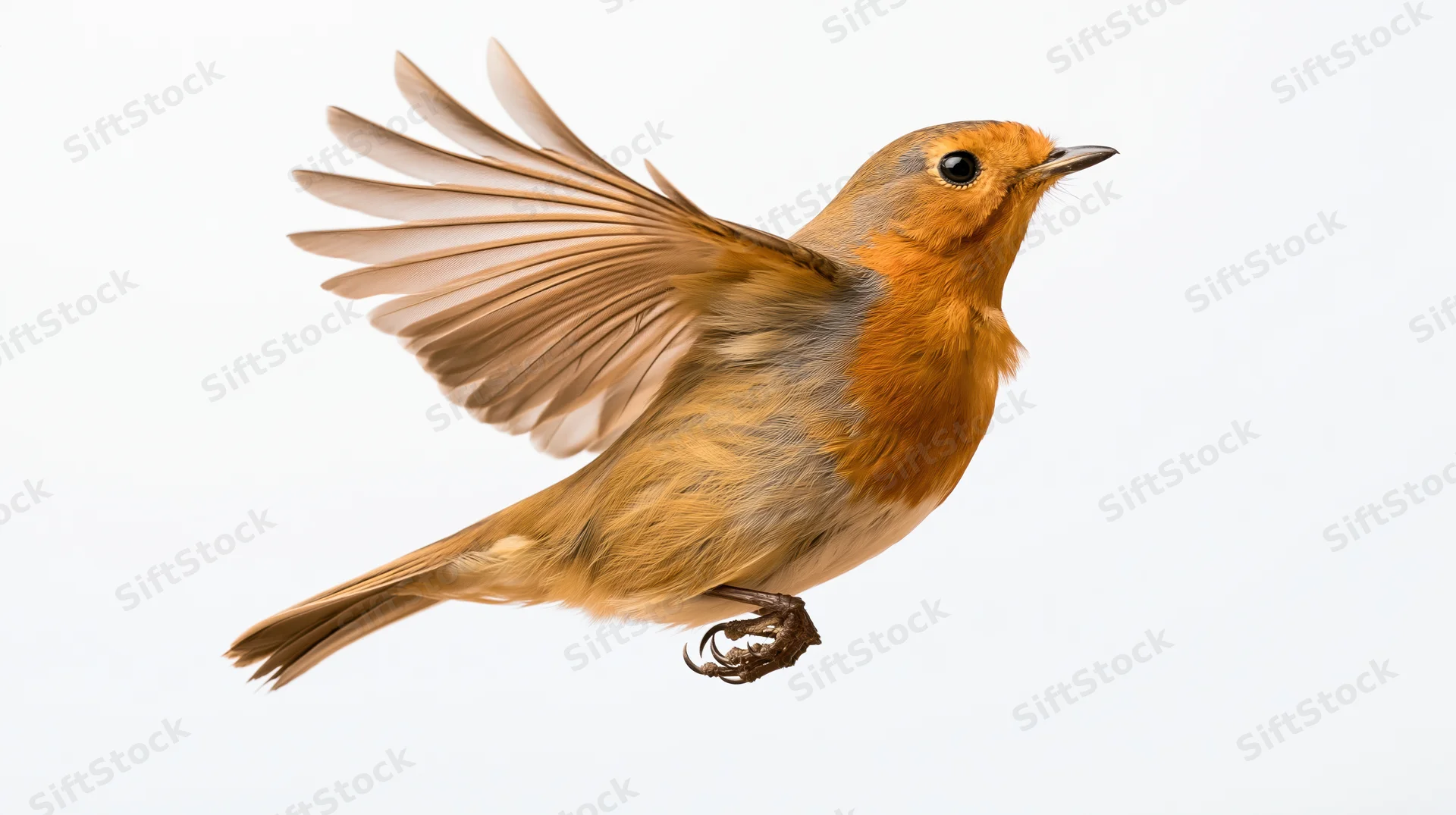 European robin in mid-flight with wings fully spread against white background