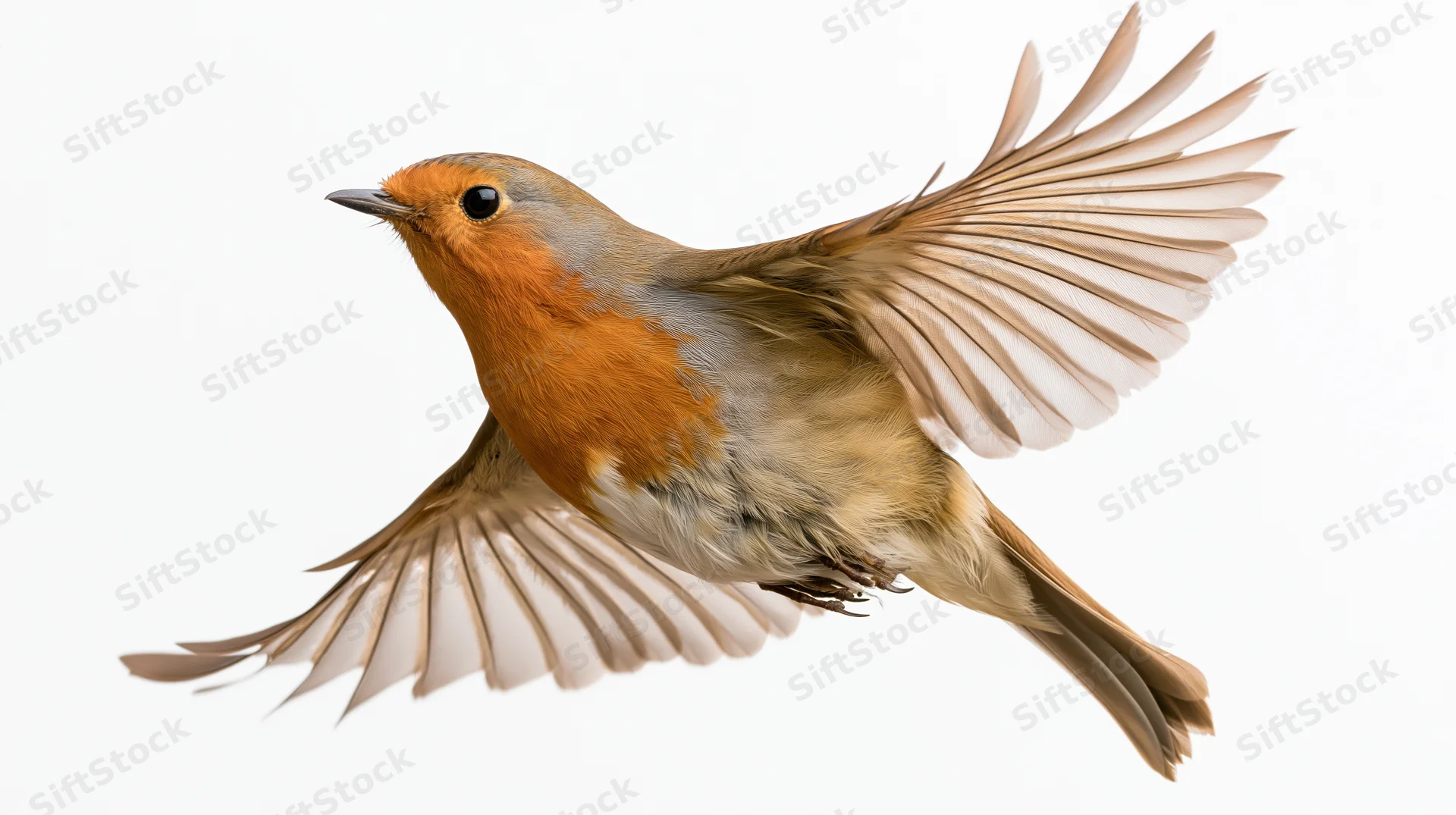 European robin in mid-flight with wings fully spread against white background