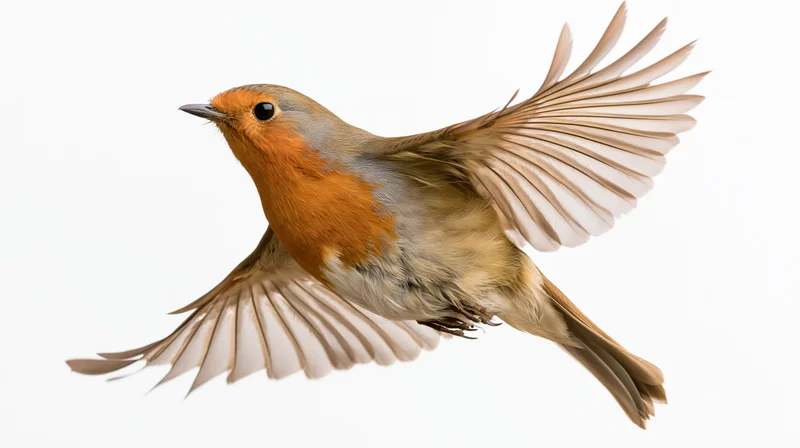European robin in mid-flight with wings fully spread against white background