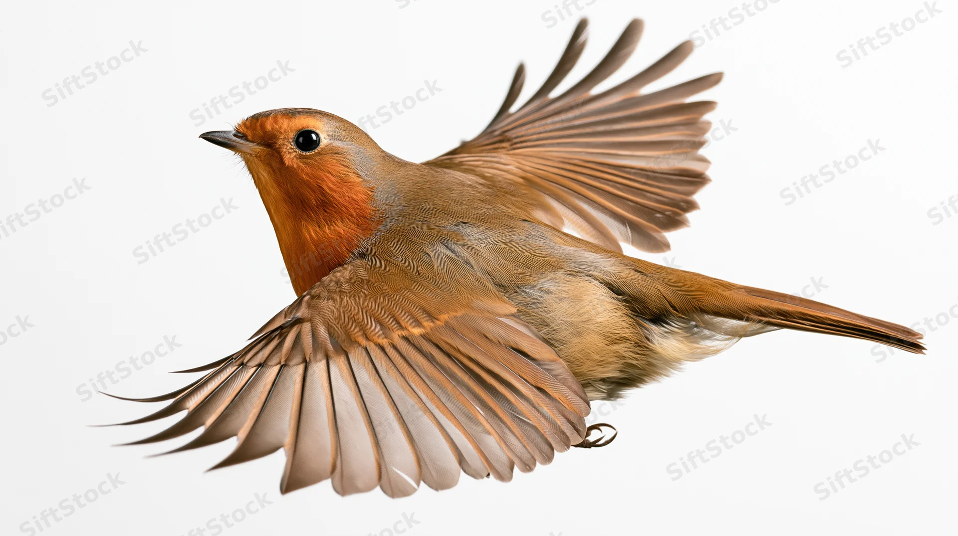European robin in midflight with wings fully spread against white background