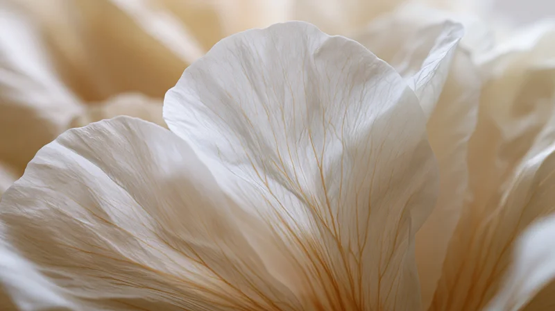 Closeup of translucent white flower petal showing fine veins and soft texture
