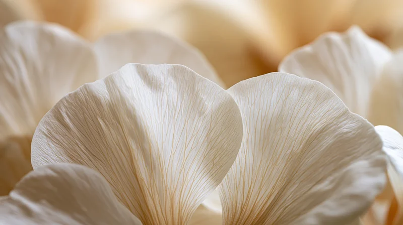 Closeup of translucent white flower petals showing fine vein patterns and soft texture