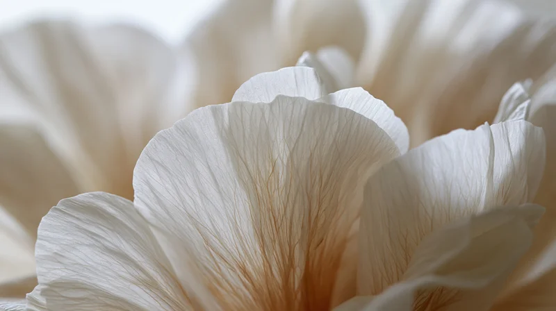 Close-up of translucent white flower petals with visible veins and soft lighting