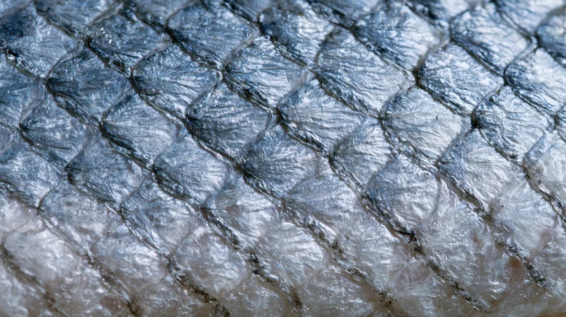 Extreme close-up of overlapping fish scales showing shiny silver texture