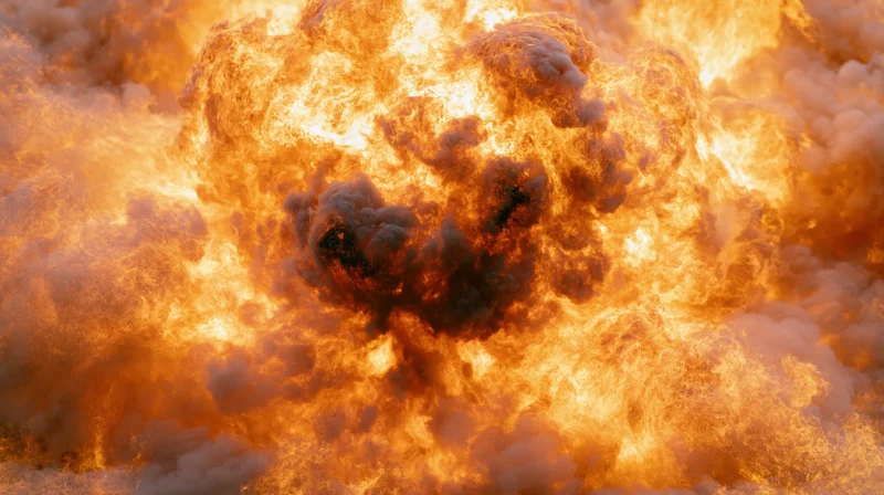 Massive explosion fireball with intense flames and billowing smoke filling the frame