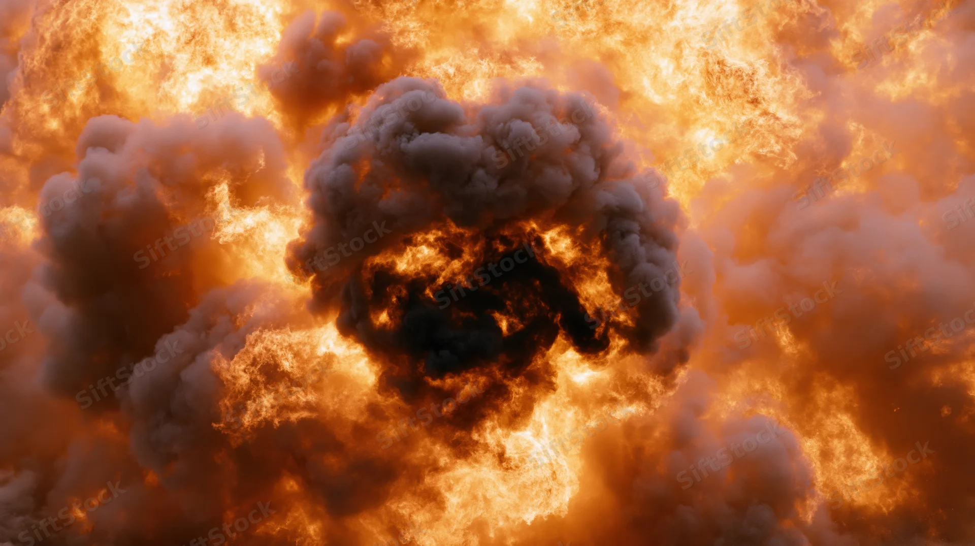 Massive explosion fireball with billowing smoke and intense flames filling the frame