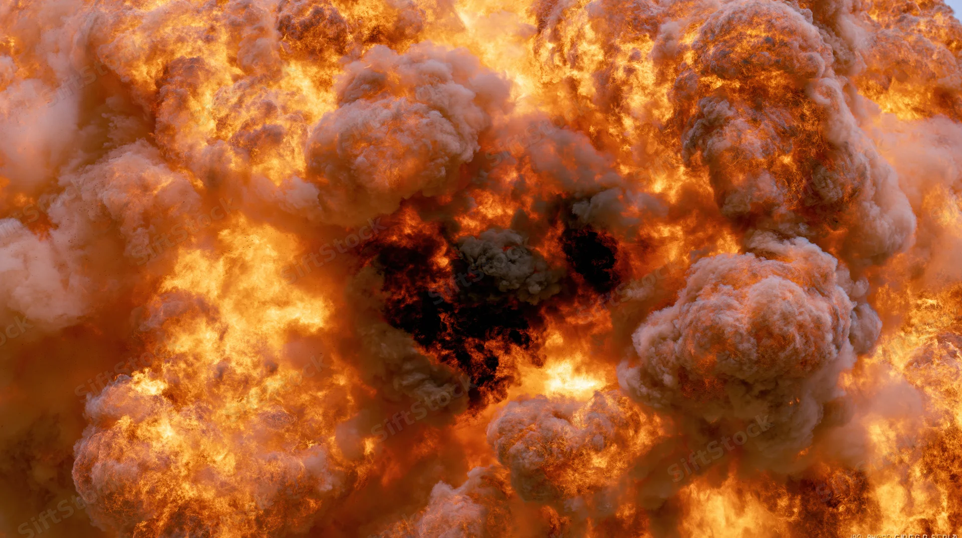 Massive explosion fireball with intense flames and billowing smoke filling the frame