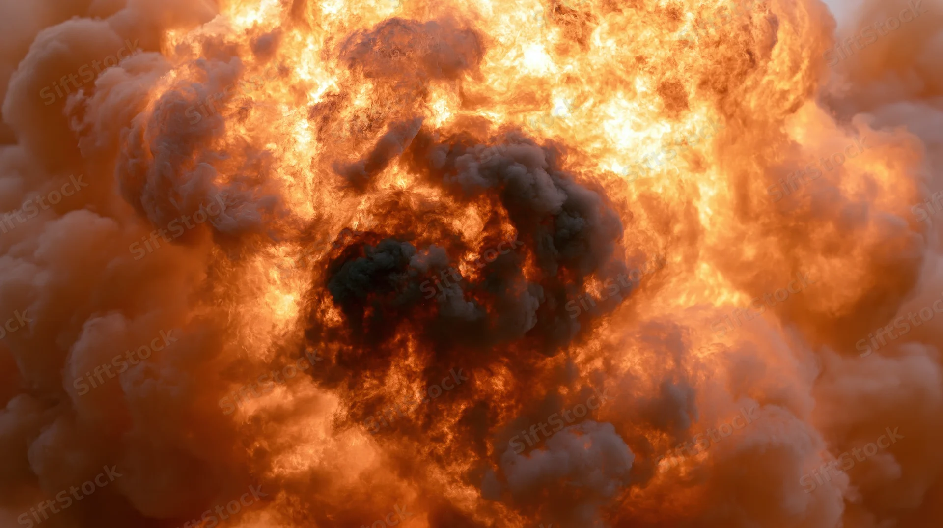Massive explosion fireball engulfed in intense flames and billowing smoke