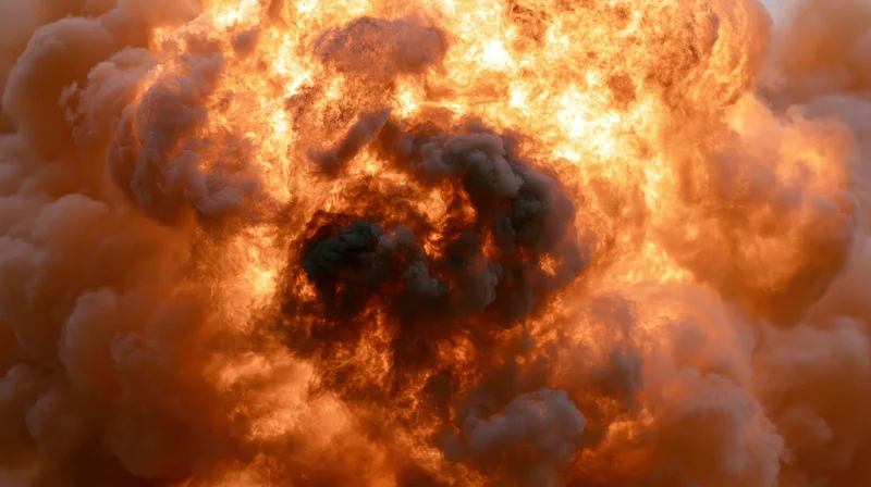 Massive explosion fireball engulfed in intense flames and billowing smoke