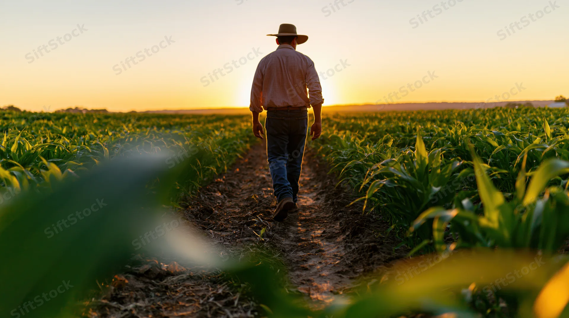 Farmer walking along a dirt path between rows of corn in a field at sunset